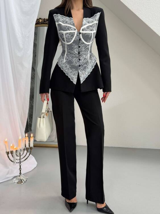 Anaell Dantel Detay Takım - Siyah - 5