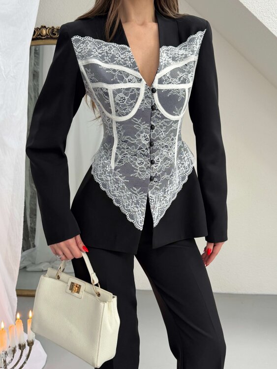 Anaell Dantel Detay Takım - Siyah - 6