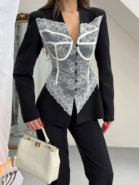 Anaell Dantel Detay Takım - Siyah - 6