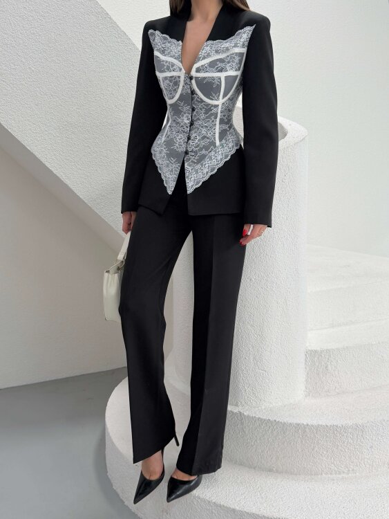 Anaell Dantel Detay Takım - Siyah - 7