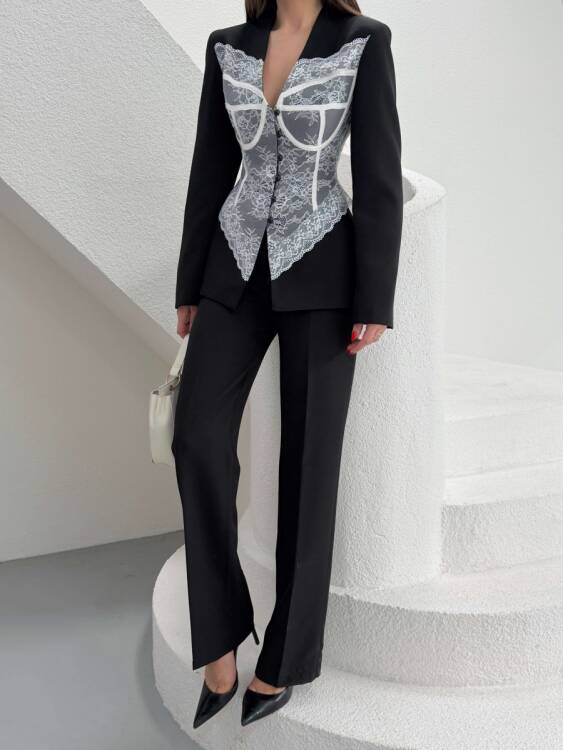 Anaell Dantel Detay Takım - Siyah - 7