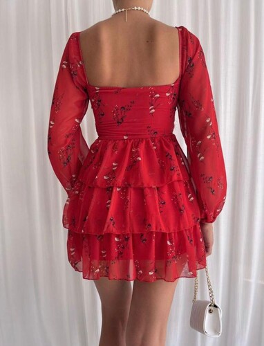 Angela Şifon Elbise- Kırmızı - Thumbnail