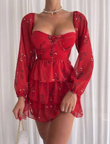 Angela Şifon Elbise- Kırmızı