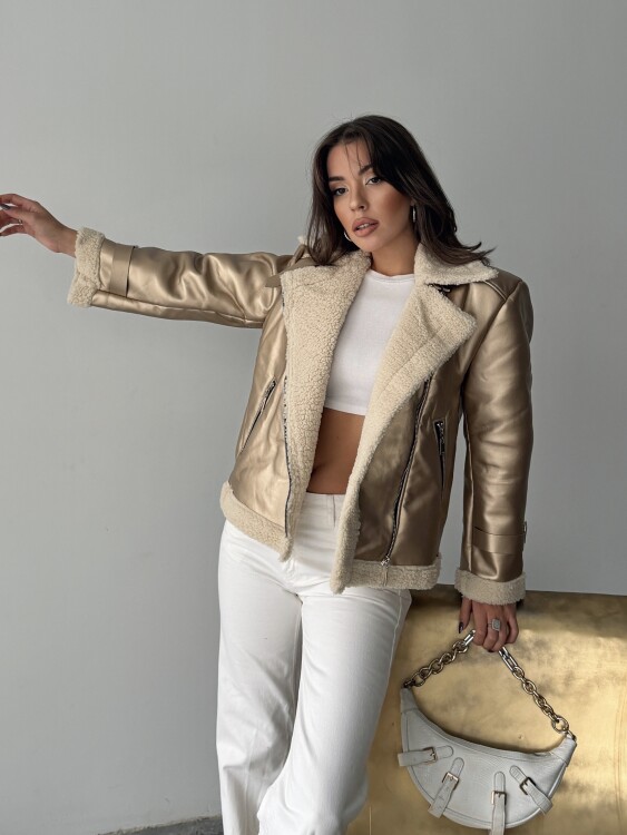 Belinda Parlak Deri Ceket - Gold - 4