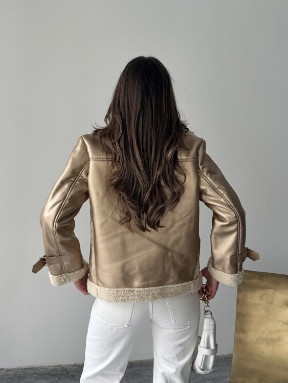 Belinda Parlak Deri Ceket - Gold - 5