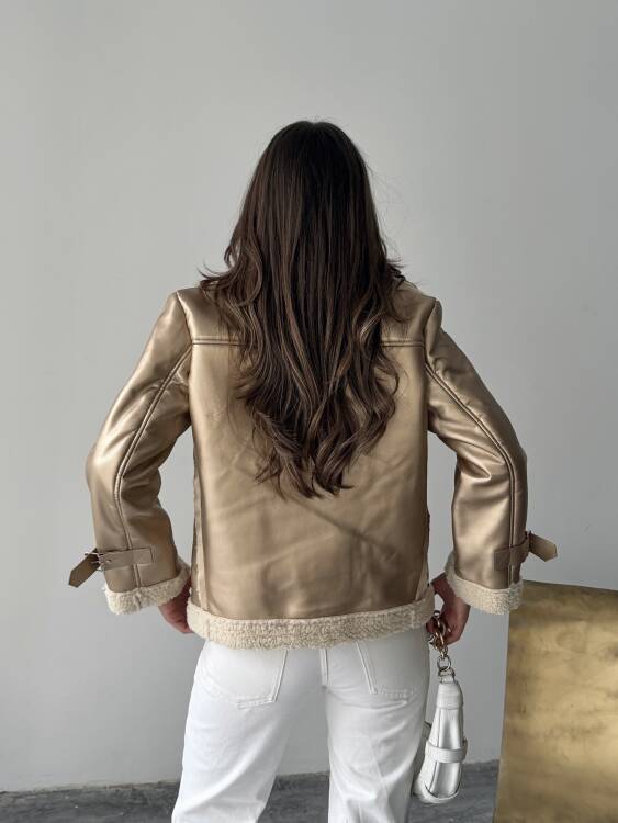 Belinda Parlak Deri Ceket - Gold - 5