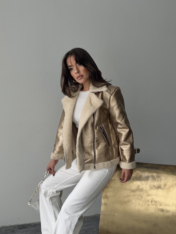 Belinda Parlak Deri Ceket - Gold - 6