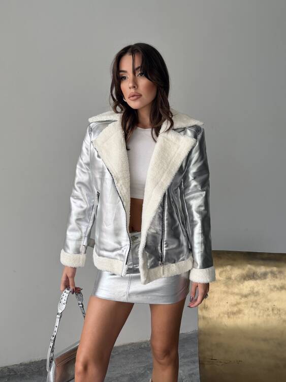 Belinda Parlak Deri Ceket - Gümüş - 2