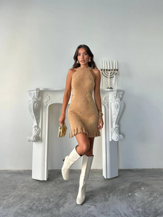 Betalis Taşlı Triko Elbise - Kahverengi - 2