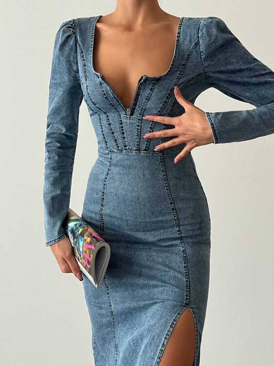 Boli Denim Elbise- Mavi - 2
