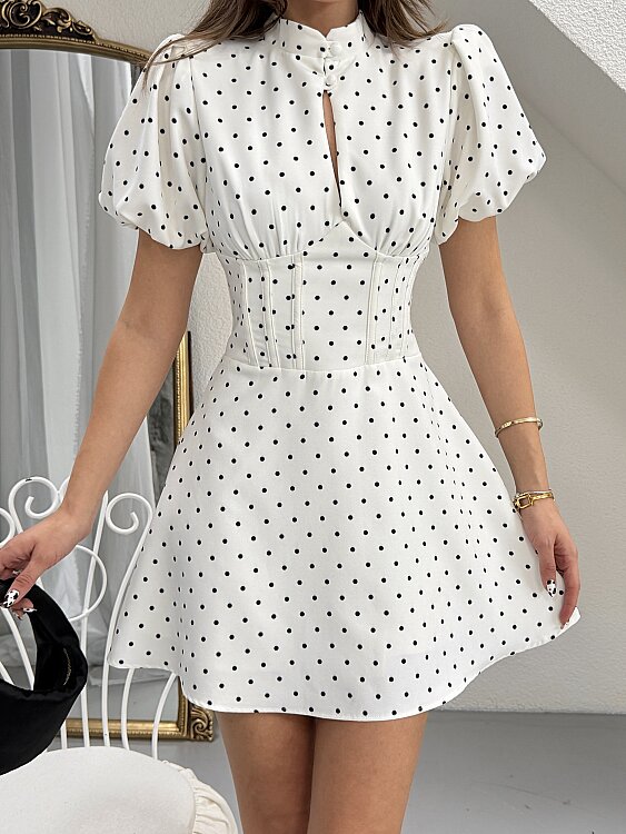 Ocean Puanlı Mini Elbise - Beyaz - 4