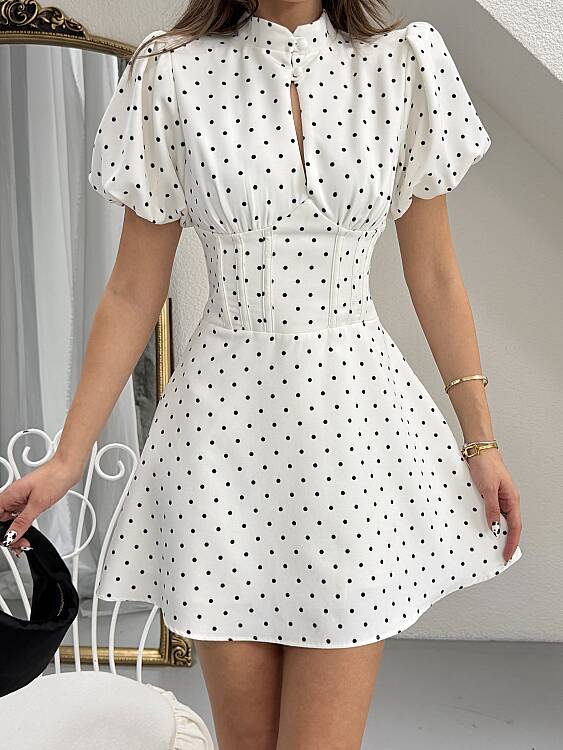 Ocean Puanlı Mini Elbise - Beyaz - 4
