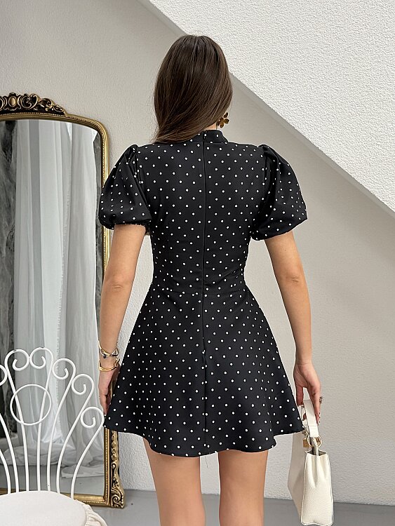Ocean Puanlı Mini Elbise - Siyah - 3