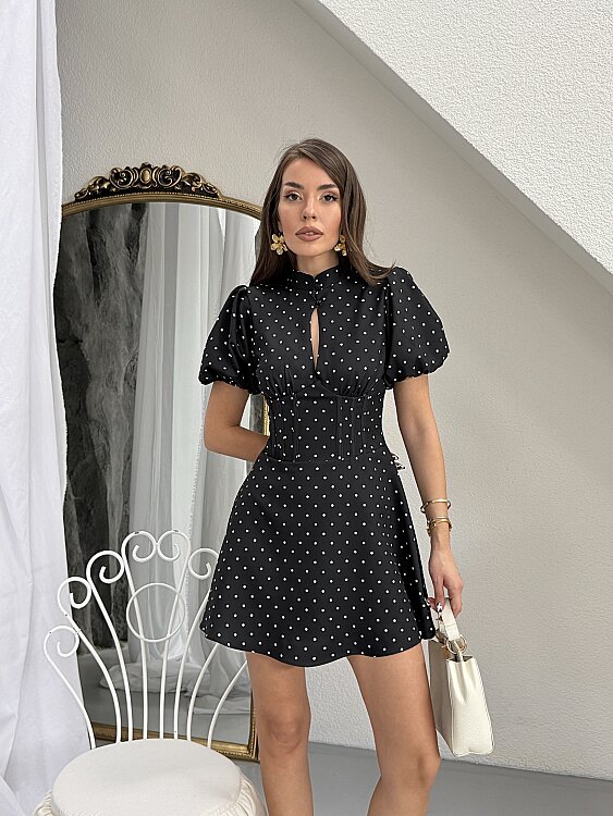 Ocean Puanlı Mini Elbise - Siyah - 4
