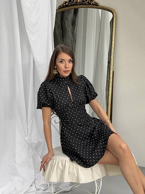 Ocean Puanlı Mini Elbise - Siyah - 5