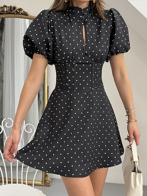 Ocean Puanlı Mini Elbise - Siyah - 6