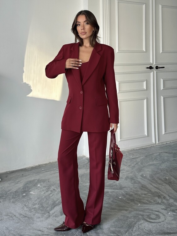 Carnat Crop Ceket Pantolon Takım - Bordo - 1