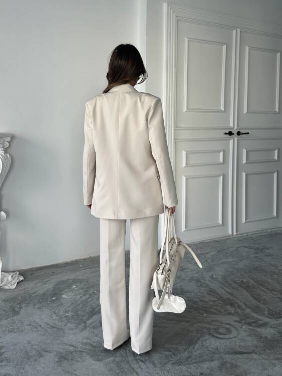 Carnat Crop Ceket Pantolon Takım - Krem - 4