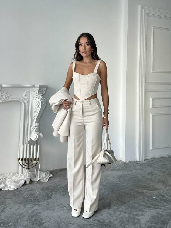 Carnat Crop Ceket Pantolon Takım - Krem - 6