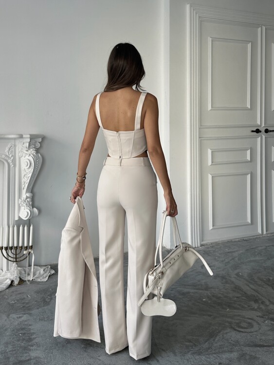 Carnat Crop Ceket Pantolon Takım - Krem - 7