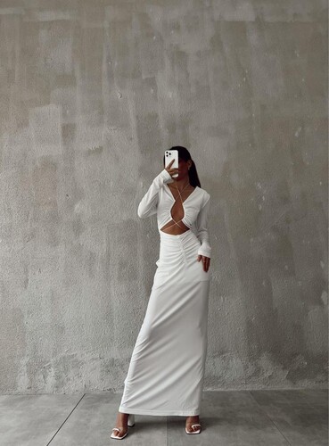 Cendy Kumaş Elbise - Beyaz - Thumbnail
