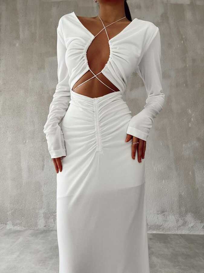 Cendy Kumaş Elbise - Beyaz