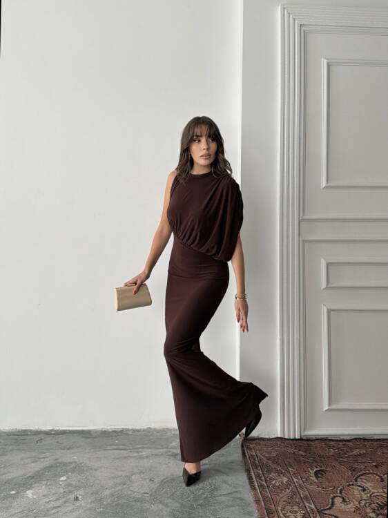 Charlote Tek Omuz Elbise - Acı Kahve - 1
