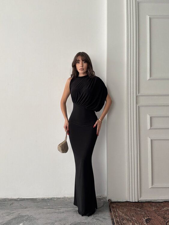 Charlote Tek Omuz Elbise - Siyah - 5