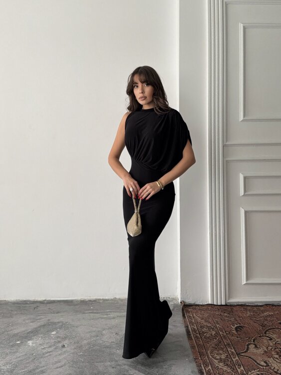 Charlote Tek Omuz Elbise - Siyah - 6