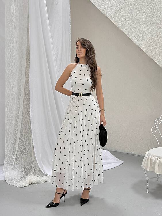 Elsa Puanlı Maxi Elbise - Beyaz - 3
