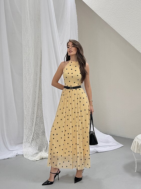 Elsa Puanlı Maxi Elbise - Sarı - 3