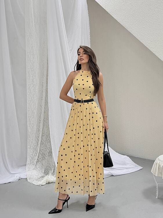 Elsa Puanlı Maxi Elbise - Sarı - 3
