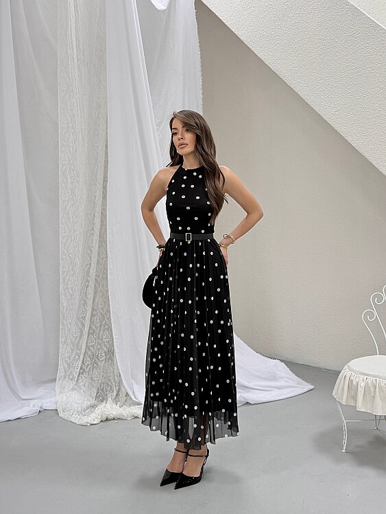 Elsa Puanlı Maxi Elbise - Siyah - 3