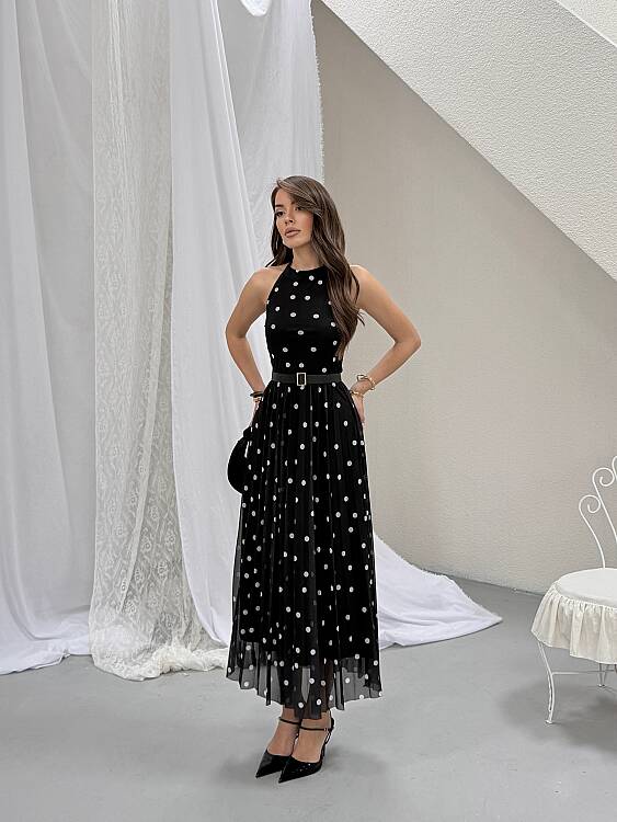 Elsa Puanlı Maxi Elbise - Siyah - 3