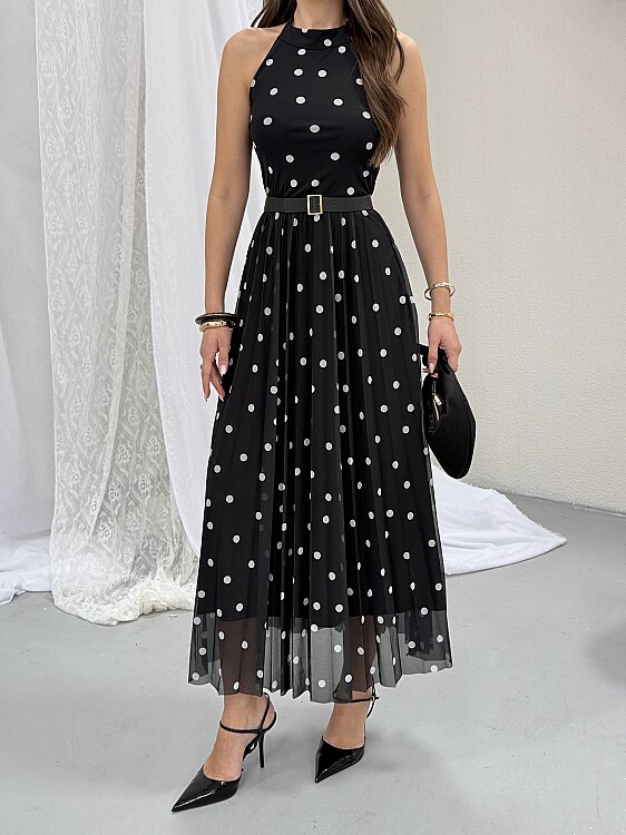Elsa Puanlı Maxi Elbise - Siyah - 5