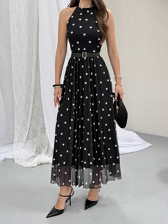 Elsa Puanlı Maxi Elbise - Siyah - 5