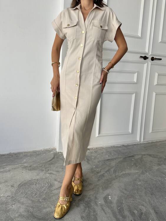 Emily Midi Elbise - Bej - 3
