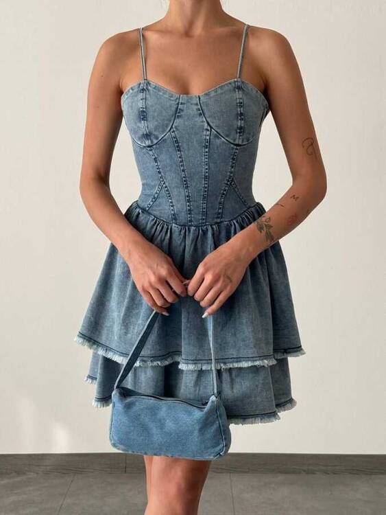 Esli Denim Elbise- Açık Mavi - 1