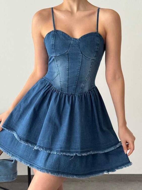 Esli Denim Elbise- Koyu Mavi - 1