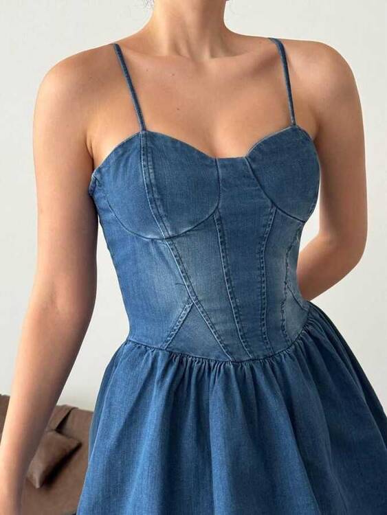 Esli Denim Elbise- Koyu Mavi - 2