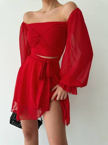 Eveliine Şifon Elbise- Kırmızı