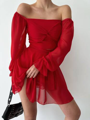 Eveliine Şifon Elbise- Kırmızı