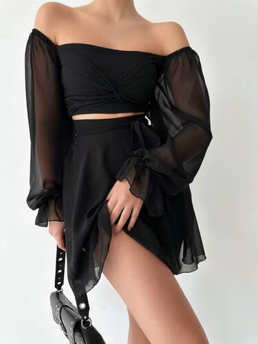 Eveliine Şifon Elbise - Siyah