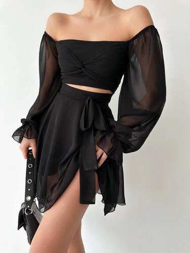 Eveliine Şifon Elbise - Siyah