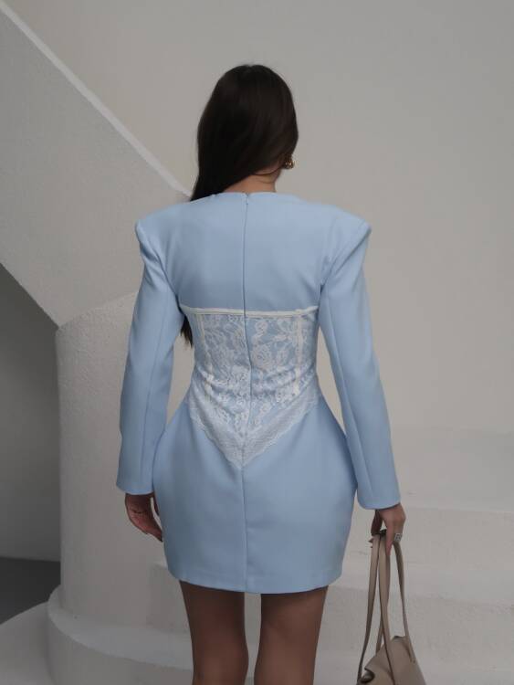 Ezra Dantel Detay Mini Elbise - Mavi - 2