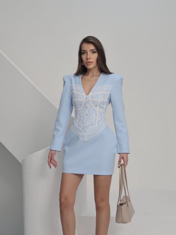 Ezra Dantel Detay Mini Elbise - Mavi - 3