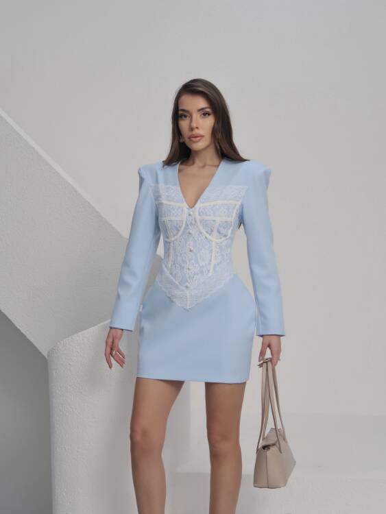 Ezra Dantel Detay Mini Elbise - Mavi - 3