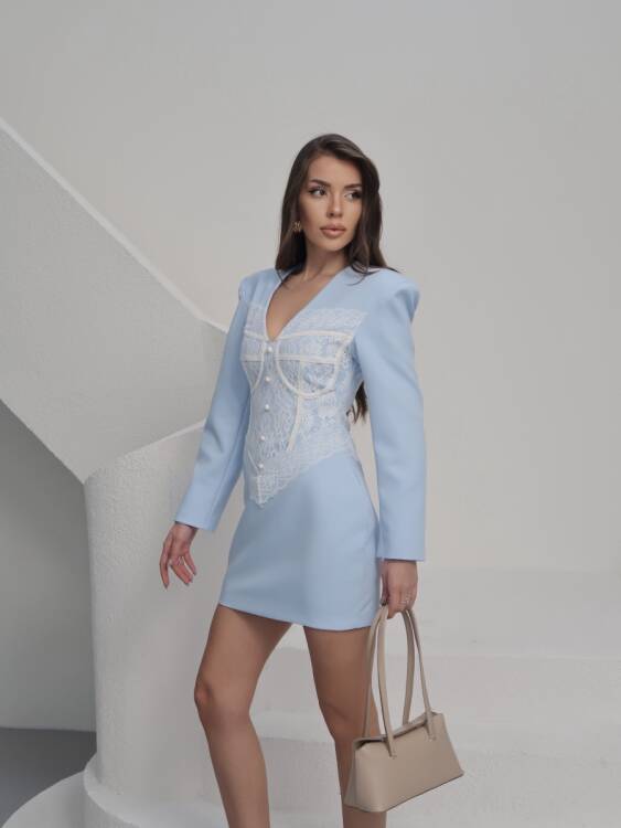 Ezra Dantel Detay Mini Elbise - Mavi - 5