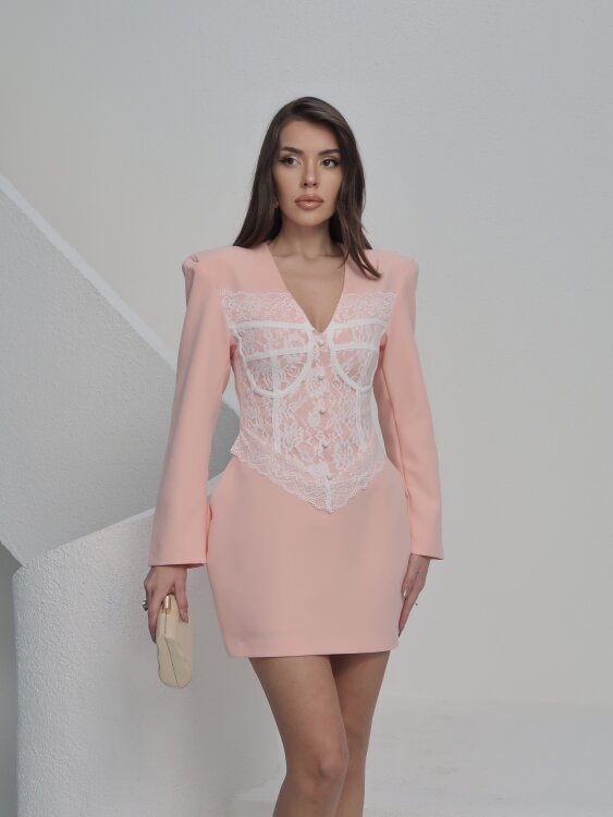 Ezra Dantel Detay Mini Elbise - Pembe - 2