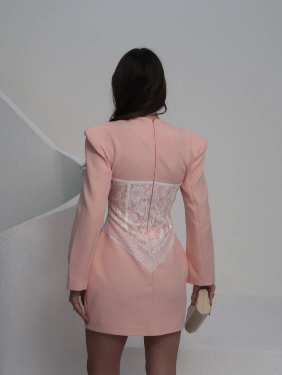 Ezra Dantel Detay Mini Elbise - Pembe - 4